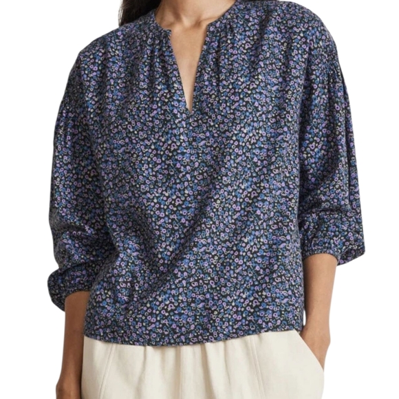Apiece Apart Marit Floral Dotty Olive Blouse 100% Cotton XS Blue Purple Top - Picture 1 of 16